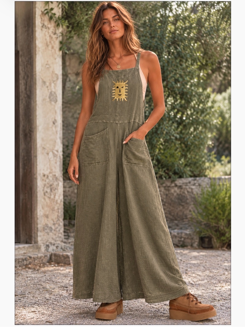 Easel Custom Patched Here I Am Cotton Gauze Wide Leg Boho Overall Faded Olive